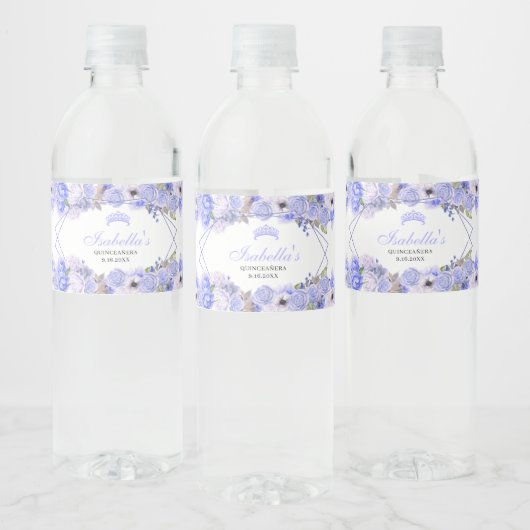 Periwinkle Blue Floral Quinceanera Waterfles Etiket (Flessen)