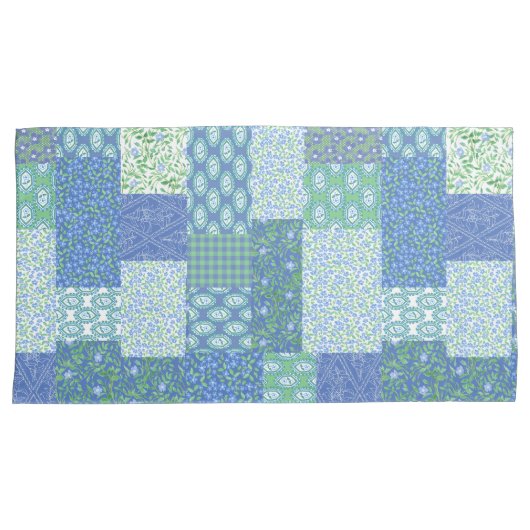 Periwinkle Blue Green Faux Patchwork Patroon Kussensloop (Voorkant-Rechts)