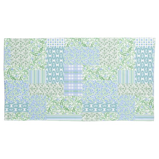 Periwinkle Blue Green Faux Patchwork Patroon Kussensloop (Voorkant-Links)