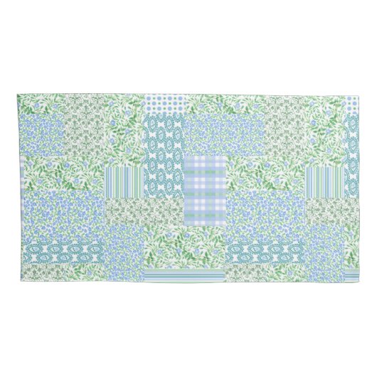 Periwinkle Blue Green Faux Patchwork Patroon Kussensloop (Achterkant-Rechts)