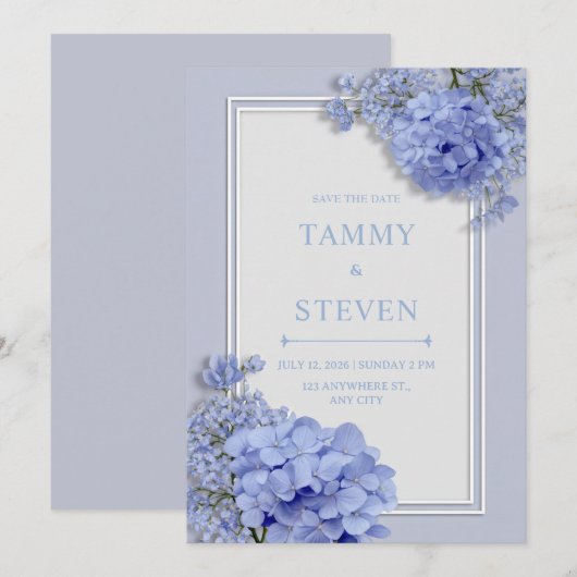 Periwinkle Blue Hydrangea Botanical Frame Wedding Kaart (Voorkant / Achterkant)