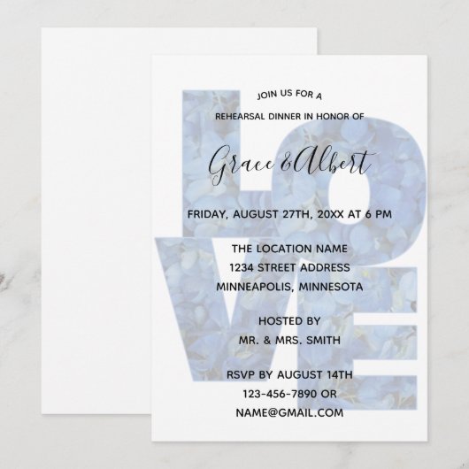 Periwinkle Blue Hydrangeas-LOVE repesial Dinner Kaart (Voorkant / Achterkant)