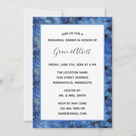 Periwinkle Blue Hydrangeas Rehearsal Dinner Kaart (Voorkant)