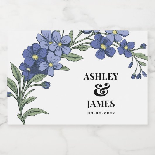 Periwinkle Blue Modern Floral Wedding Sparkling Wijnetiket (Enkel label)