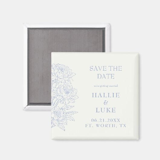 Periwinkle Blue Peony Line Art Wedding Save Date Magneet (Voorkant / Achterkant)