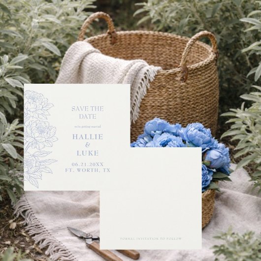 Periwinkle Blue Peony Wedding Square Save Date Kaart