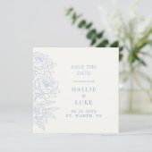Periwinkle Blue Peony Wedding Square Save Date Kaart (Staand voorkant)