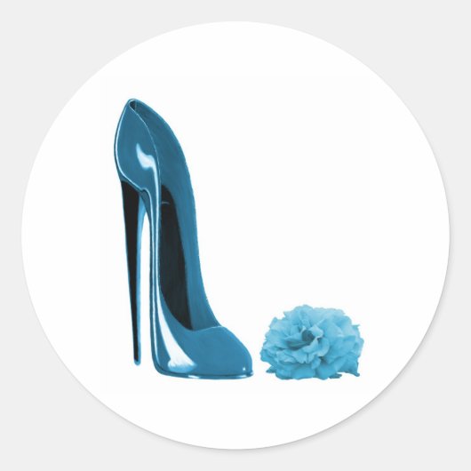 Periwinkle Blue Stiletto Schoen en Roos Ronde Sticker (Voorkant)