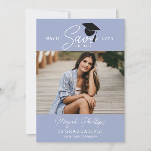 Periwinkle Blue Typografie Foto Afstuderen Save The Date (Voorkant)