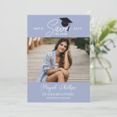 Periwinkle Blue Typografie Foto Afstuderen Save The Date (Staand voorkant)