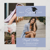 Periwinkle Blue Typografie Foto Afstuderen Save The Date (Voorkant / Achterkant)