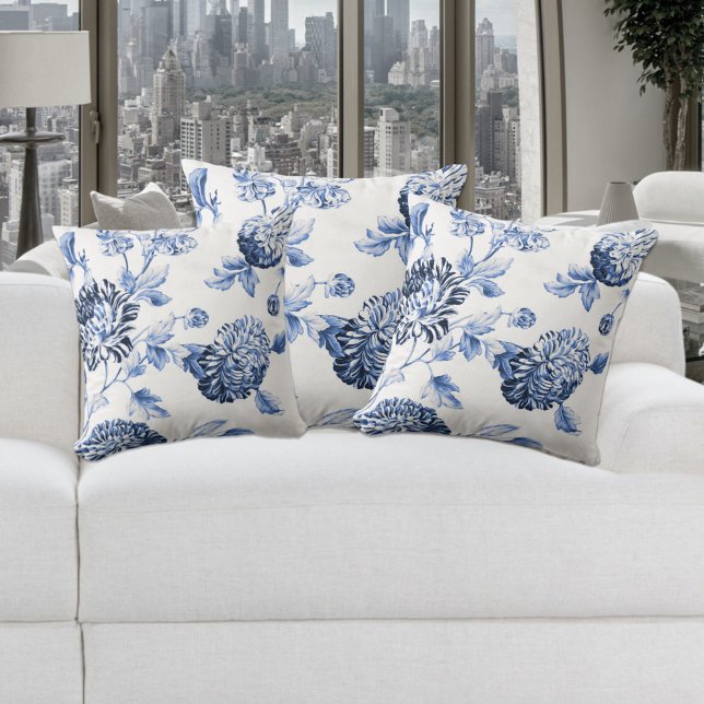 Periwinkle Blue & White Floral Toile No.2 Kussen (Creator heeft geüpload)