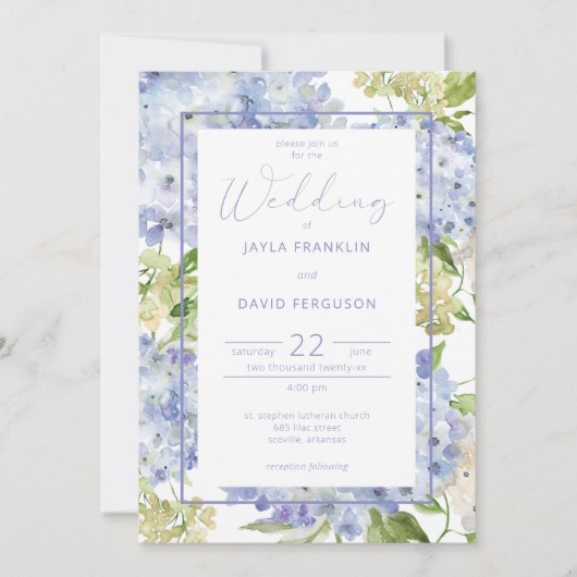 Periwinkle Blue White Hydrangea Flowers Invitation Kaart (Voorkant)