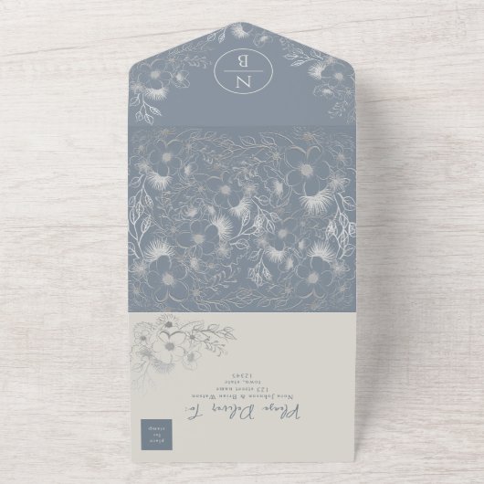 Periwinkle Boho Dusty Blue Wedding All In One Uitnodiging (Buitenkant)