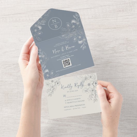 Periwinkle Boho Dusty Blue Wedding All In One Uitnodiging (Afscheurbaar)