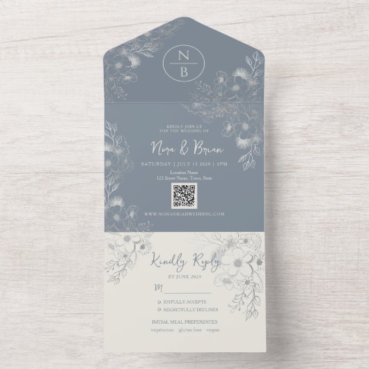 Periwinkle Boho Dusty Blue Wedding All In One Uitnodiging (Binnen)
