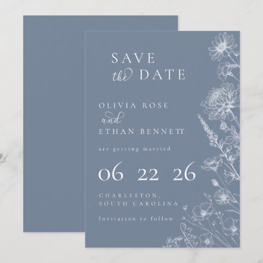 Periwinkle Botanical Minimal Wedding Save the Date (Voorkant / Achterkant)