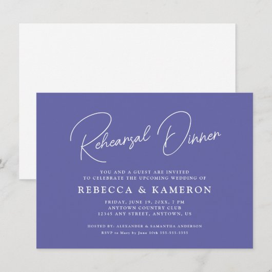 Periwinkle Budget Script Rehearsal Dinner Kaart (Voorkant / Achterkant)