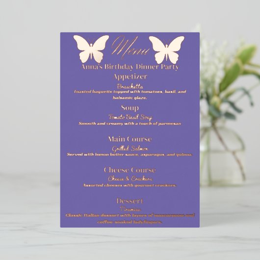 Periwinkle Butterfly-thema verjaardagsdiner Menu (Staand Voorkant)