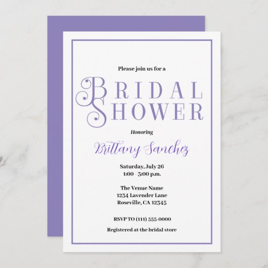 Periwinkle classy chique bruids douche uitnodiging (Voorkant / Achterkant)