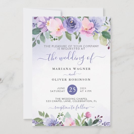 Periwinkle en Pink Waterverf Floral Wedding Invi Kaart (Voorkant)