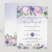 Periwinkle en Pink Waterverf Floral Wedding Invi Kaart (Voorkant / Achterkant)