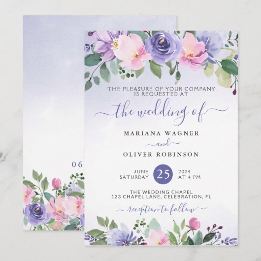 Periwinkle en Pink Waterverf Floral Wedding Invi Kaart (Voorkant / Achterkant)