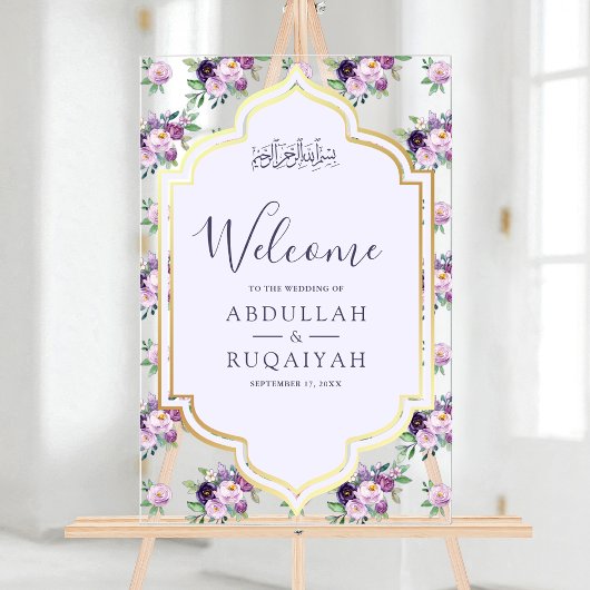 Periwinkle Floral Gold Muslim Wedding Welcome Acryl Bord