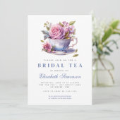 Periwinkle Floral Tea Cup Bruidsthee Vrijgezellenf Kaart (Staand voorkant)