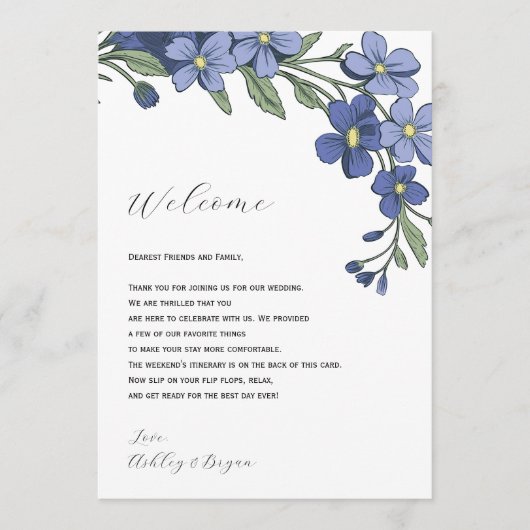 Periwinkle Floral Wedding Welkomstbrief Route Programmakaart (Voorkant)