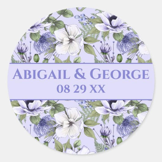 Periwinkle Florals Paarse bruiloft gunst Ronde Sticker (Voorkant)
