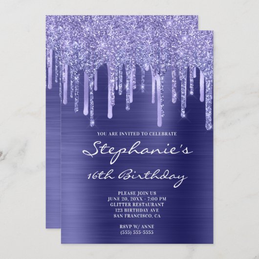 Periwinkle Folie en Glitter Drip 16th Birthday Kaart (Voorkant / Achterkant)