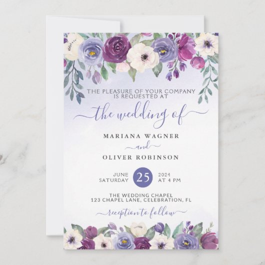 Periwinkle Fuchsia Blush Waterverf Floral Wedding Kaart (Voorkant)