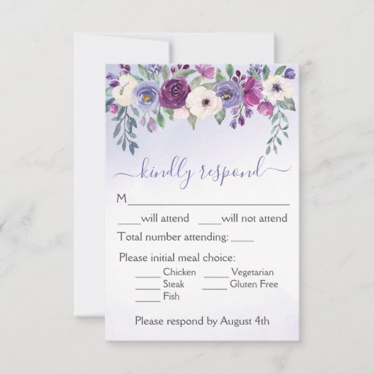 Periwinkle Fuchsia Blush Waterverf Floral Wedding RSVP Kaartje (Voorkant)