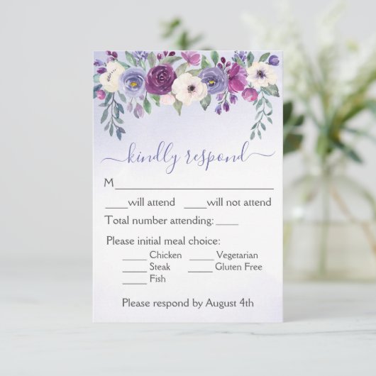 Periwinkle Fuchsia Blush Waterverf Floral Wedding RSVP Kaartje (Staand voorkant)