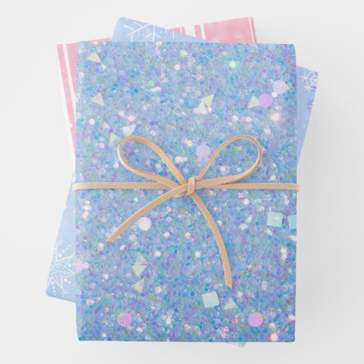 Periwinkle Glitter Pink Striped Snowflake Inpakpapier Vel (In situ)