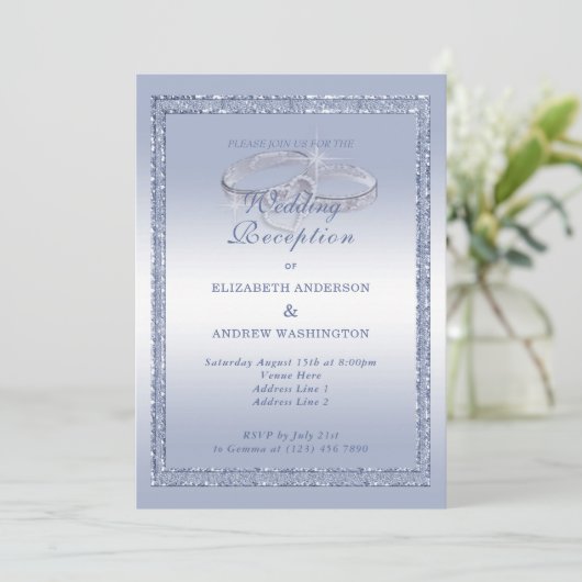 Periwinkle Glitter, Silver Ring Wedding Reception Kaart (Staand voorkant)