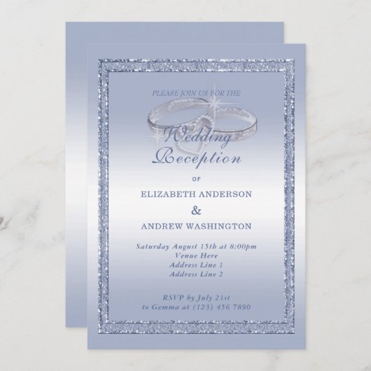 Periwinkle Glitter, Silver Ring Wedding Reception Kaart (Voorkant / Achterkant)