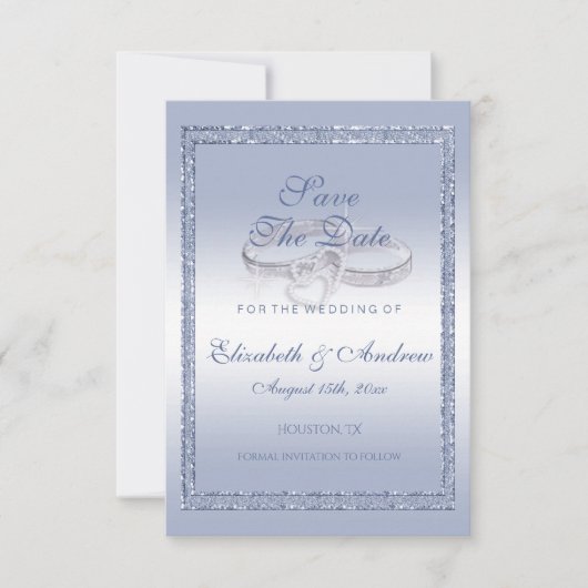 Periwinkle Glitter & Silver Wedding Rings Save The Date (Voorkant)