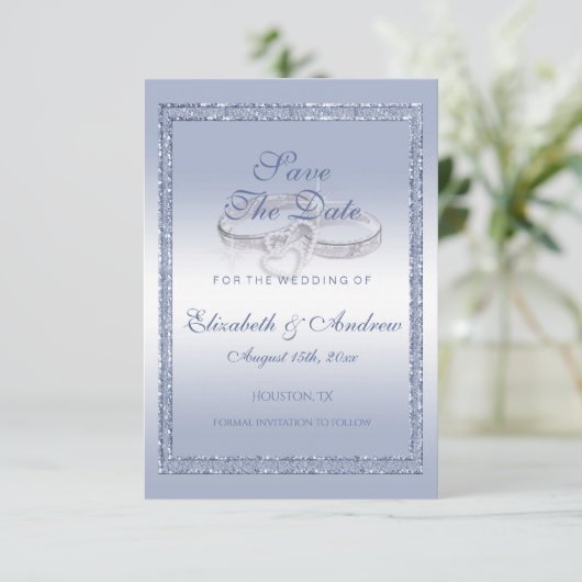 Periwinkle Glitter & Silver Wedding Rings Save The Date (Staand voorkant)