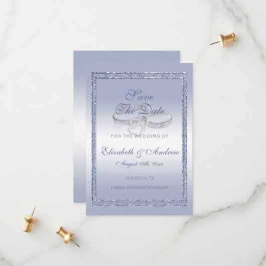 Periwinkle Glitter & Silver Wedding Rings Save The Date (Voorkant / Achterkant in situ)