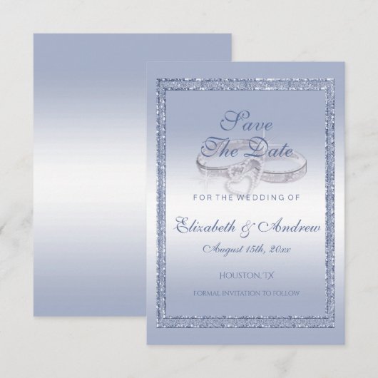 Periwinkle Glitter & Silver Wedding Rings Save The Date (Voorkant / Achterkant)