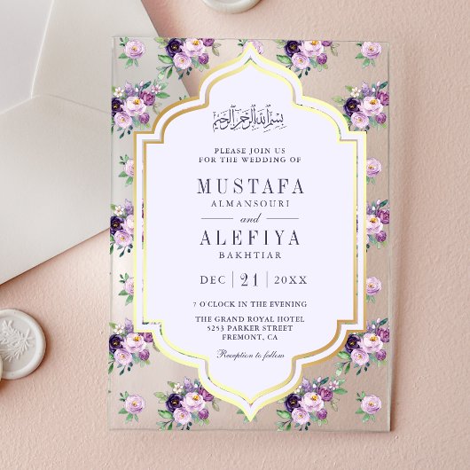 Periwinkle Gold Purple Floral Muslim Wedding Acryl Uitnodigingen