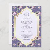 Periwinkle Goud Paarse Bloemen Moslim Bruiloft Kaart (Voorkant)