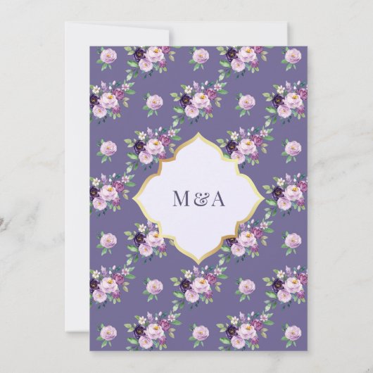 Periwinkle Goud Paarse Bloemen Moslim Bruiloft Kaart (Achterkant)