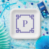 Periwinkle Greek Key Square Border Monogram Papieren Bordje (Feest)