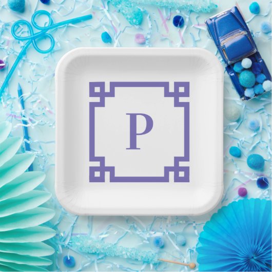 Periwinkle Greek Key Square Border Monogram Papieren Bordje (Feest)