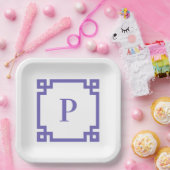 Periwinkle Greek Key Square Border Monogram Papieren Bordje (Feest)