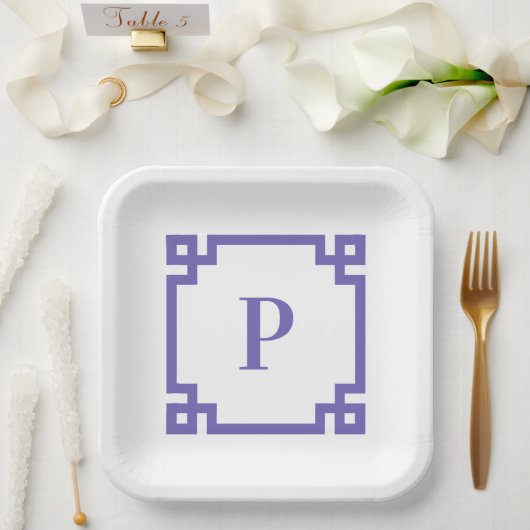 Periwinkle Greek Key Square Border Monogram Papieren Bordje (Huwelijk)