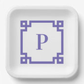 Periwinkle Greek Key Square Border Monogram Papieren Bordje (Voorkant)